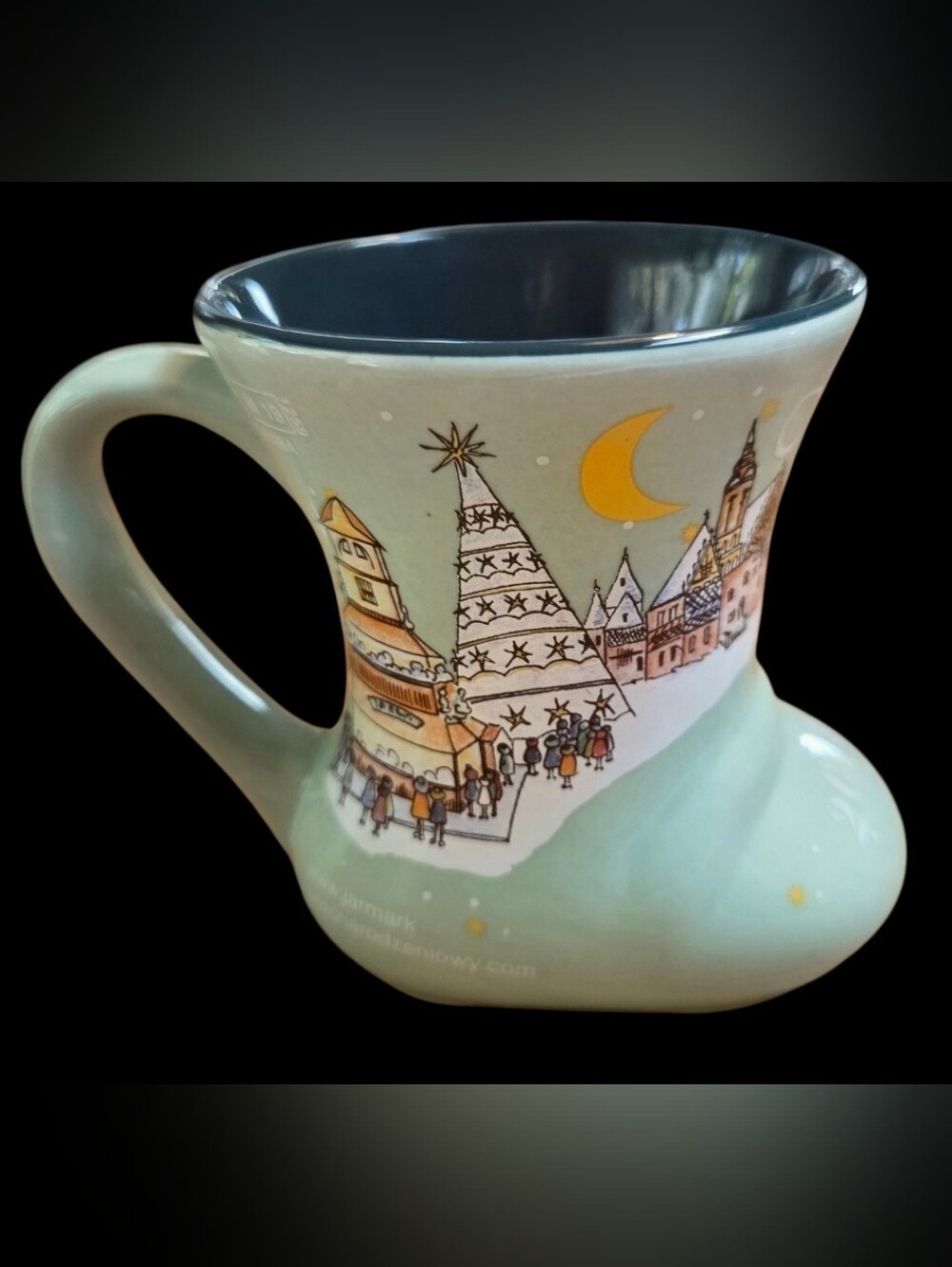 Ceramic Holiday Boot Mug in Light Green with Festive Village Design